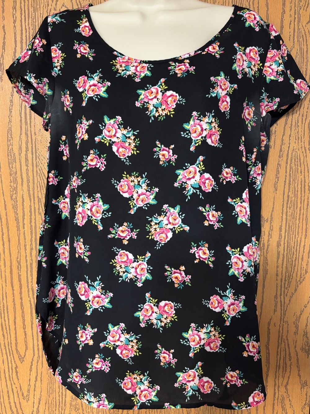 Decree Black Short-Sleeve Blouse with Pink Floral Print